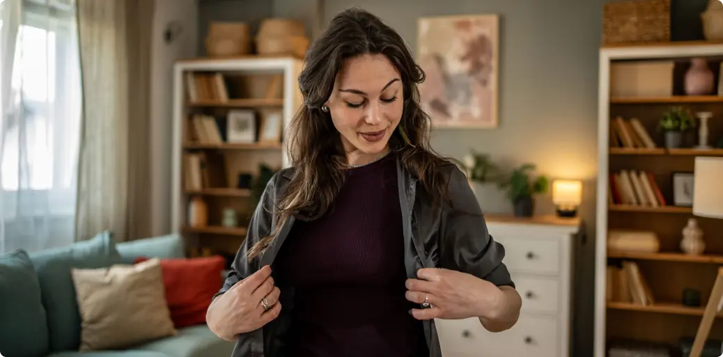 Woman adjusting jacket in cozy living room